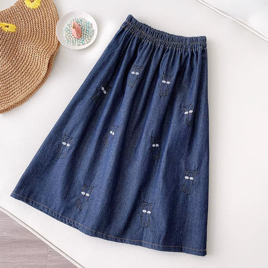 Japanese Style Cute Denim Skirt Women Kawaii Cat Embroidery Knee Length a Line High Waist Jeans Skirt Female Student