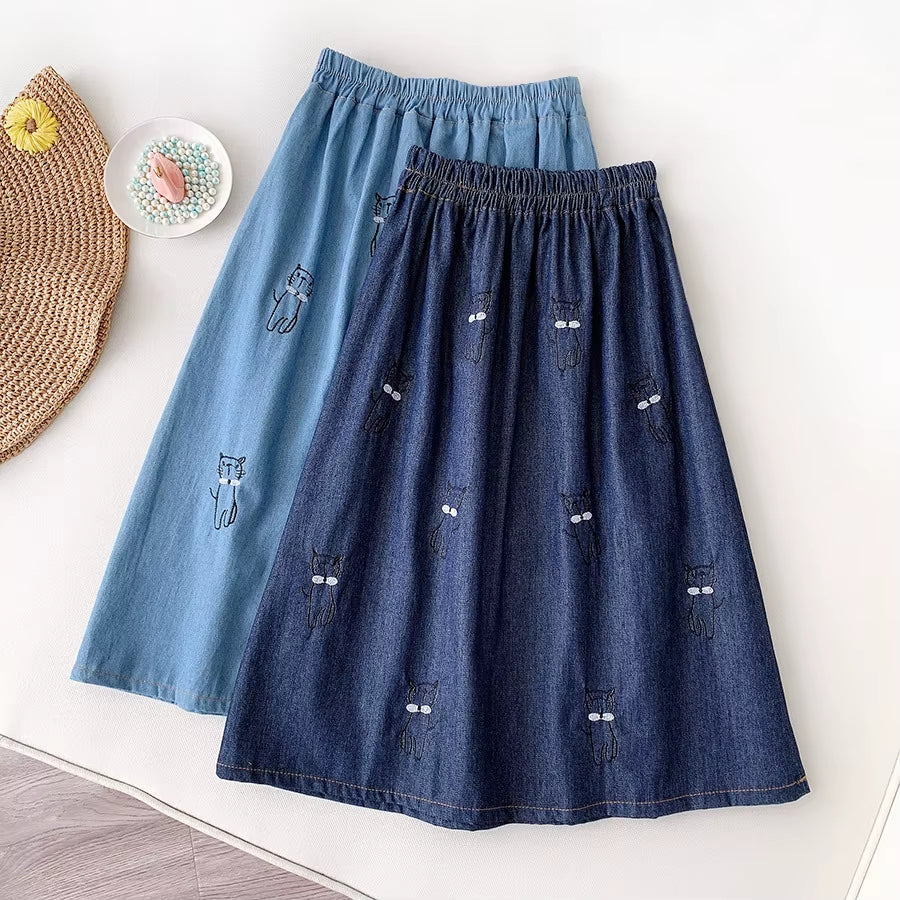 Japanese Style Cute Denim Skirt Women Kawaii Cat Embroidery Knee Length a Line High Waist Jeans Skirt Female Student