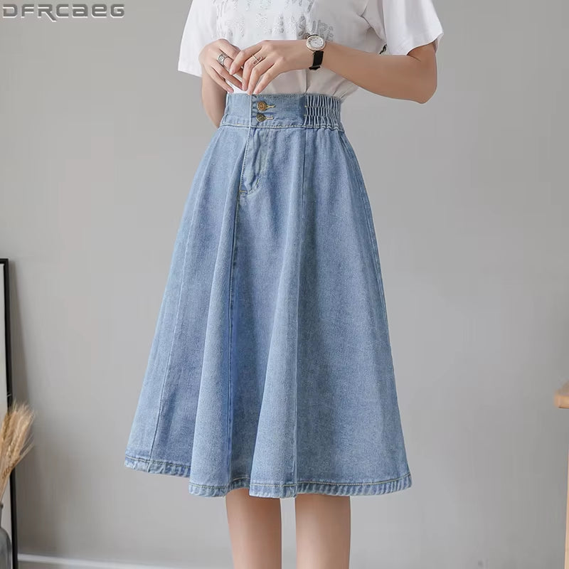 Vintage Elastic High Waist Ladies Denim Skirt New Spring Summer Streetwear Big Swing Saia Midi Button A-Line Women Jeans Skirts