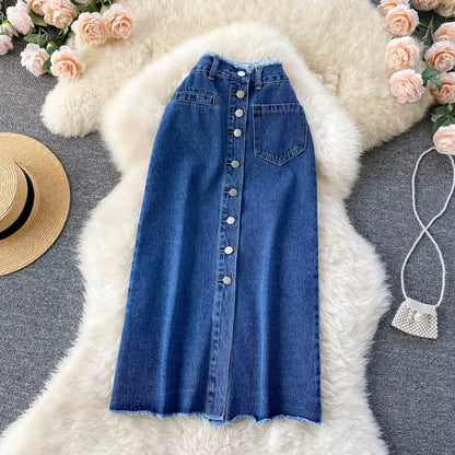 Long Denim Skirt for Women Korean Fashion Vintage Tassels High Waist Single Breasted A-Line Jeans Skirt with Pockets