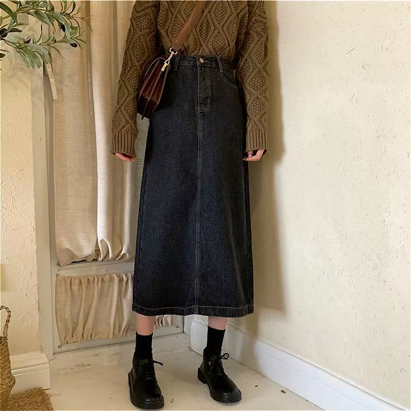 Skirts Women 5XL Retro Chic Korean Trendy Autumn All-Match Lady Empire Skirt Casual Basic A-Ling Solid Denim Femme Юбка Женская