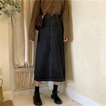 Skirts Women 5XL Retro Chic Korean Trendy Autumn All-Match Lady Empire Skirt Casual Basic A-Ling Solid Denim Femme Юбка Женская