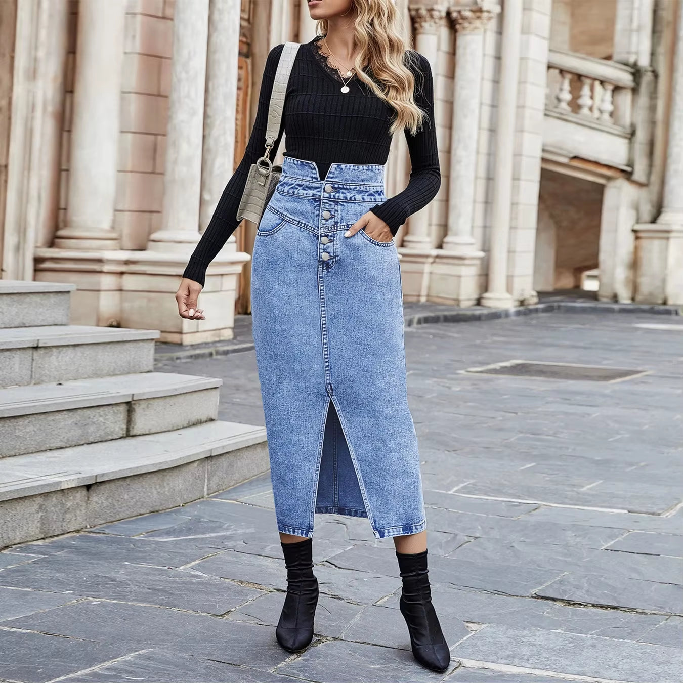 Vintage Chic Skirts for Women Elegant Office Lady Long Skirt Fashion Slit Straight Design High Waist Denim Skirt