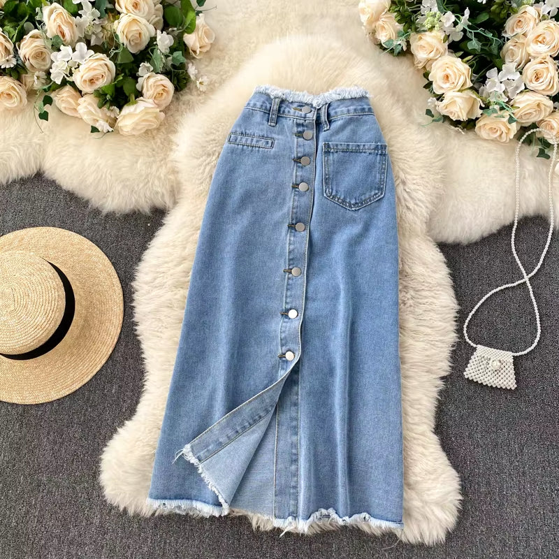 Long Denim Skirt for Women Korean Fashion Vintage Tassels High Waist Single Breasted A-Line Jeans Skirt with Pockets