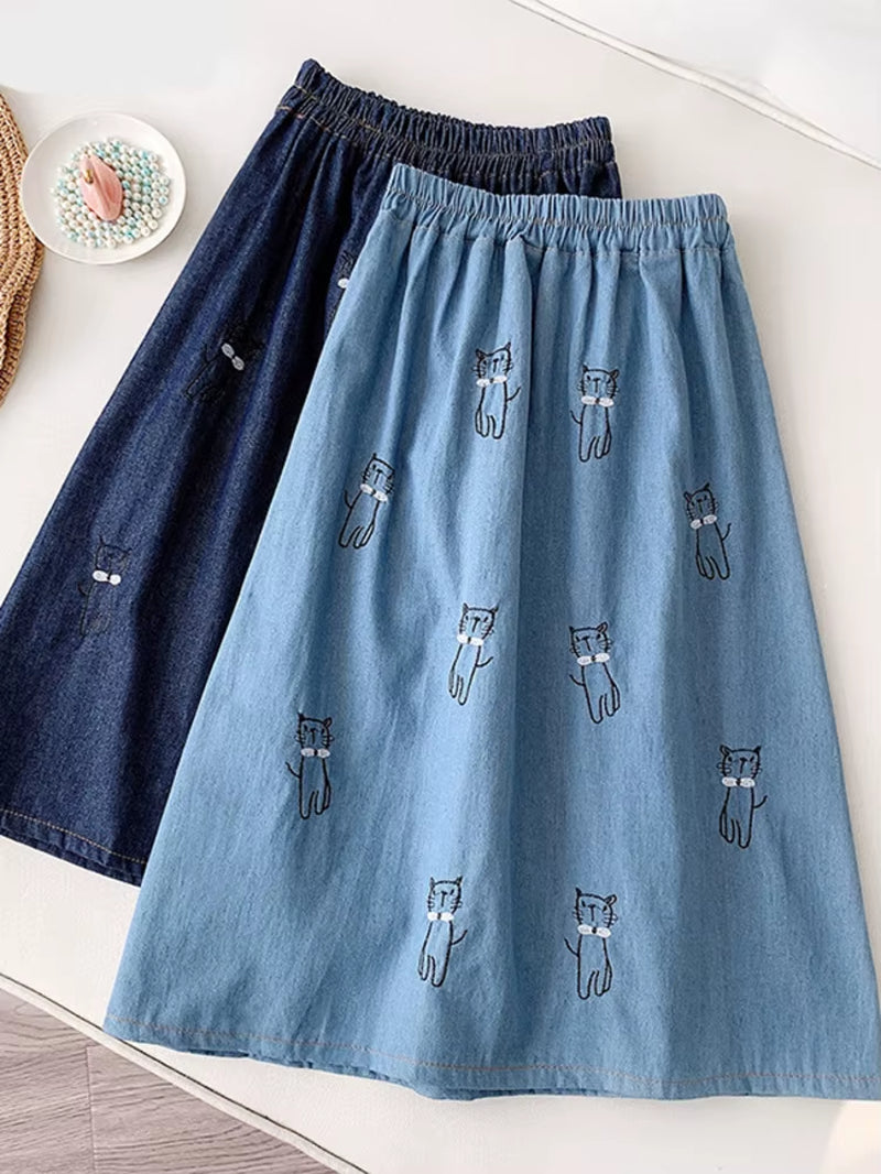 Japanese Style Cute Denim Skirt Women Kawaii Cat Embroidery Knee Length a Line High Waist Jeans Skirt Female Student