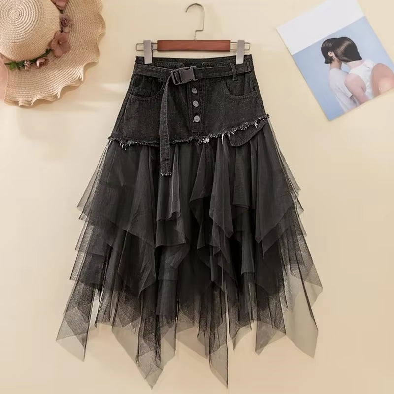 Asymmetrical Denim Jeans Tulle Skirts Womens High Waist Long Mesh Tutu Tassel Pleated Midi Gothic Skirt with Pockets Belt Black