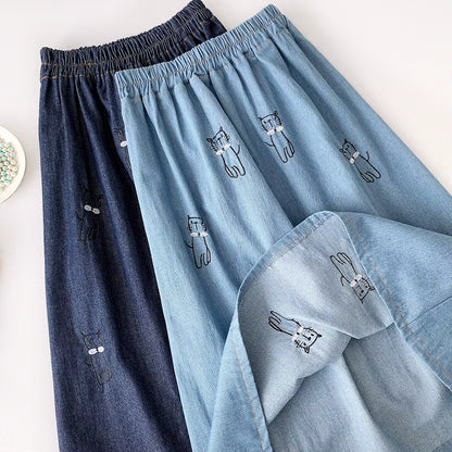 Japanese Style Cute Denim Skirt Women Kawaii Cat Embroidery Knee Length a Line High Waist Jeans Skirt Female Student