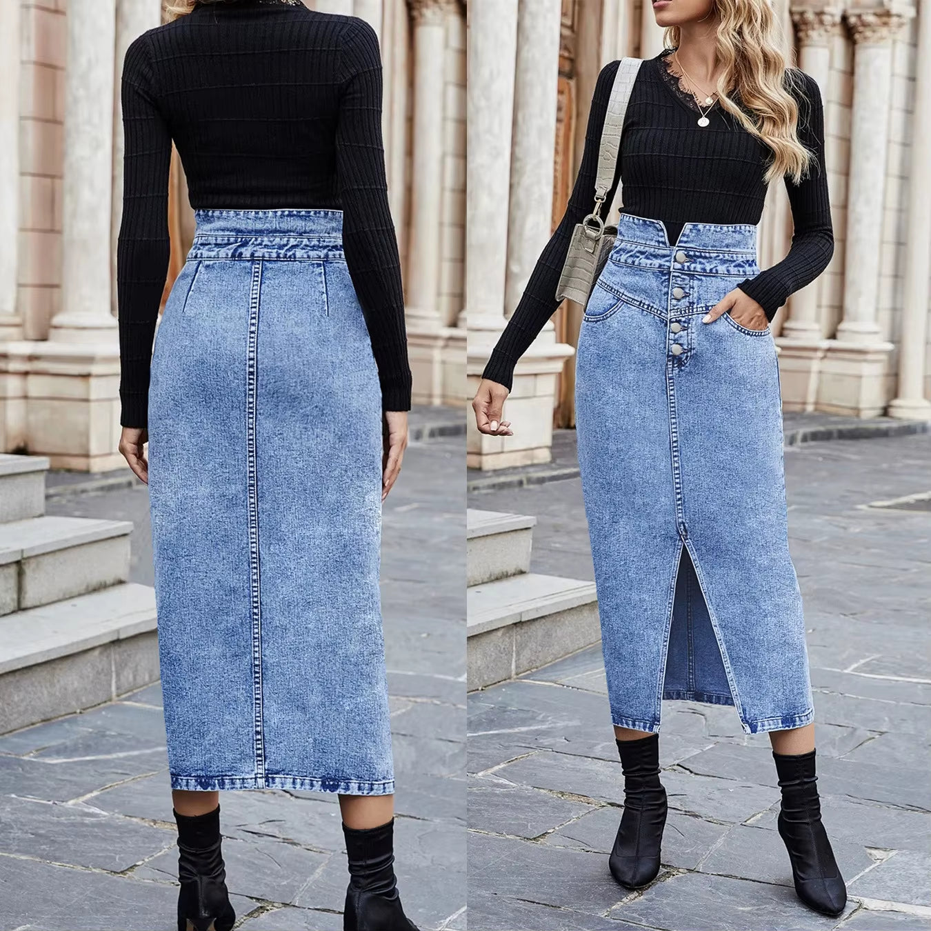 Vintage Chic Skirts for Women Elegant Office Lady Long Skirt Fashion Slit Straight Design High Waist Denim Skirt