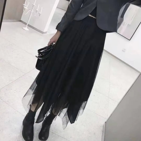 Asymmetrical Denim Jeans Tulle Skirts Womens High Waist Long Mesh Tutu Tassel Pleated Midi Gothic Skirt with Pockets Belt Black