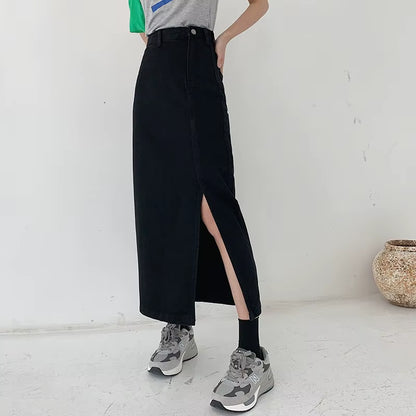 -Women'S High Waist Long Skirts, Casual Harajuku Korean a Line Skirt, Denim Jupe Maxi Skirt, Ladies Office