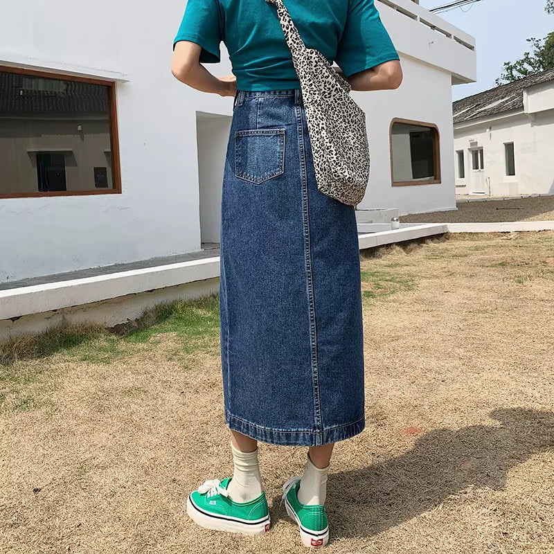 -Women'S High Waist Long Skirts, Casual Harajuku Korean a Line Skirt, Denim Jupe Maxi Skirt, Ladies Office