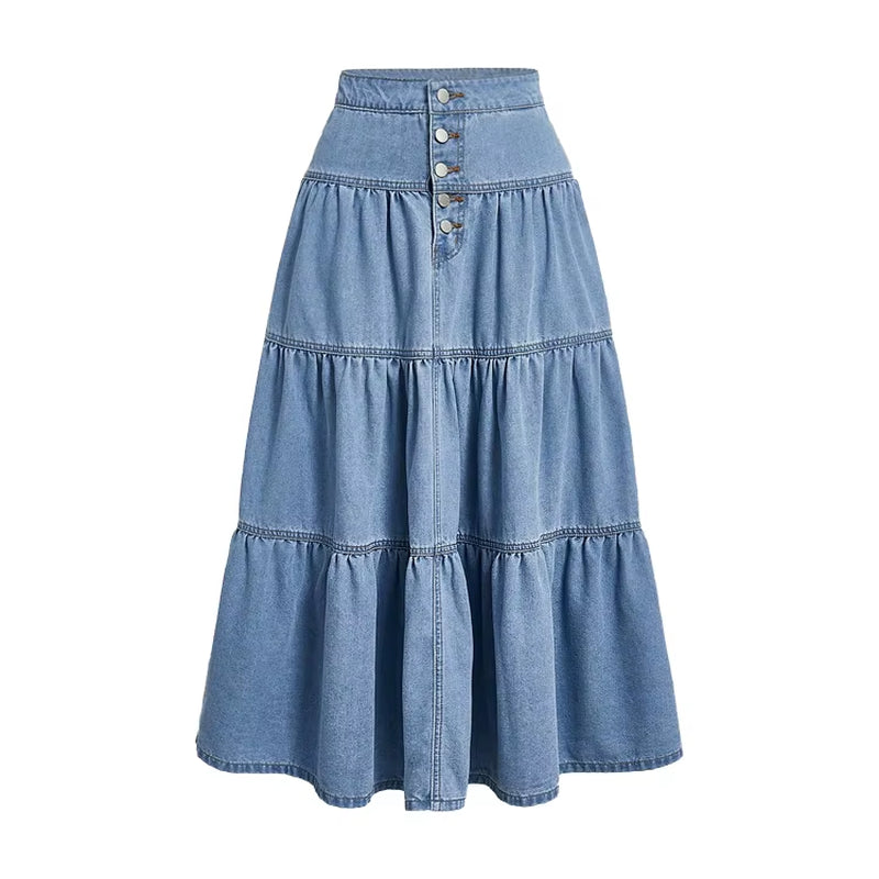 Custom High-Waisted Button-Up Ankle-Length Light Blue Washed Denim Maxi Skirt for Women