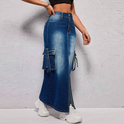 Latest Design plus Size Women Jeans Skirt Pop Pocket Slit Long Denim Skirt for Women