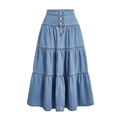 Custom High-Waisted Button-Up Ankle-Length Light Blue Washed Denim Maxi Skirt for Women