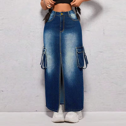 Latest Design plus Size Women Jeans Skirt Pop Pocket Slit Long Denim Skirt for Women