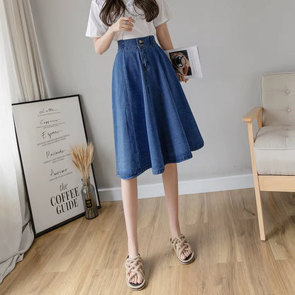 Vintage Elastic High Waist Ladies Denim Skirt New Spring Summer Streetwear Big Swing Saia Midi Button A-Line Women Jeans Skirts