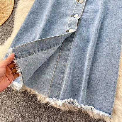 Long Denim Skirt for Women Korean Fashion Vintage Tassels High Waist Single Breasted A-Line Jeans Skirt with Pockets