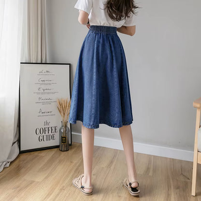 Vintage Elastic High Waist Ladies Denim Skirt New Spring Summer Streetwear Big Swing Saia Midi Button A-Line Women Jeans Skirts