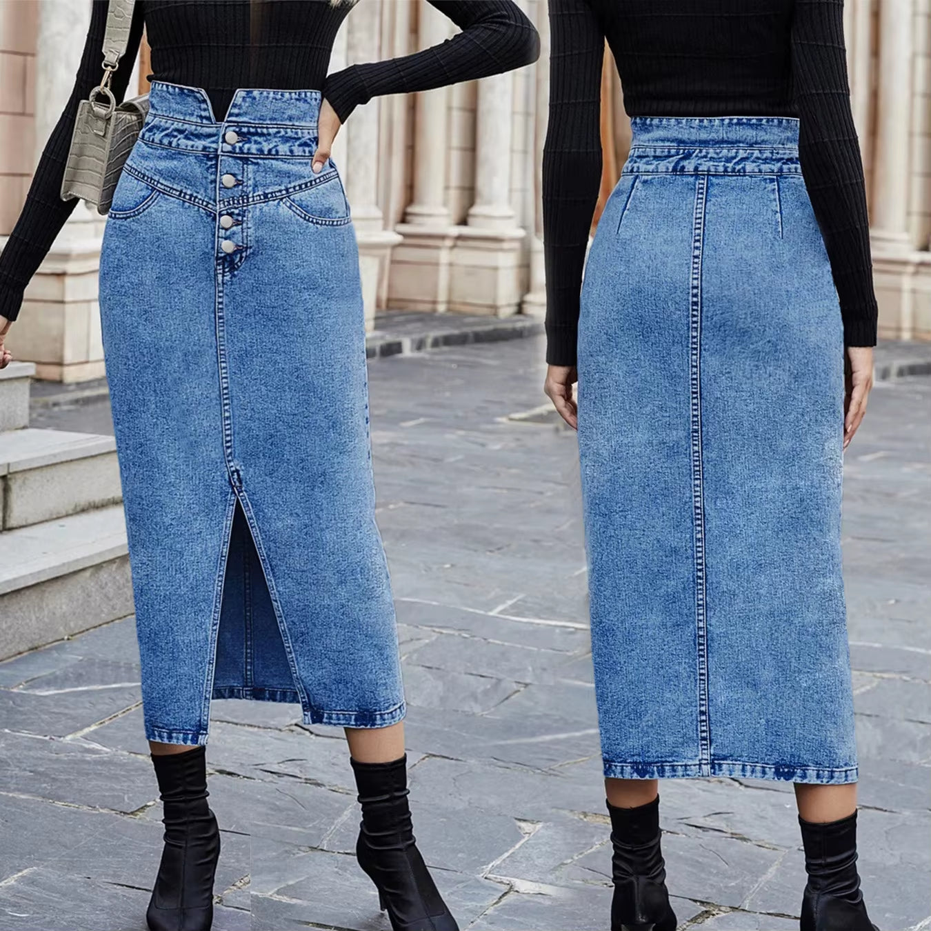 Vintage Chic Skirts for Women Elegant Office Lady Long Skirt Fashion Slit Straight Design High Waist Denim Skirt