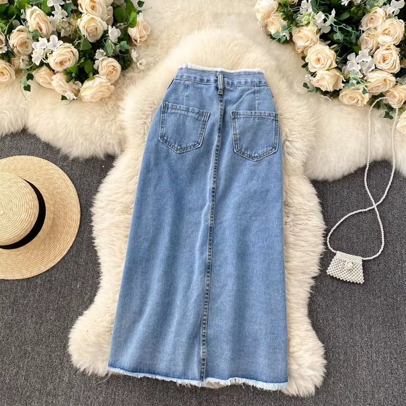 Long Denim Skirt for Women Korean Fashion Vintage Tassels High Waist Single Breasted A-Line Jeans Skirt with Pockets