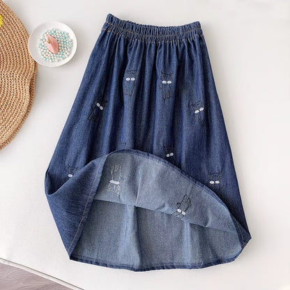 Japanese Style Cute Denim Skirt Women Kawaii Cat Embroidery Knee Length a Line High Waist Jeans Skirt Female Student