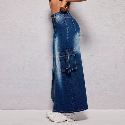 Latest Design plus Size Women Jeans Skirt Pop Pocket Slit Long Denim Skirt for Women