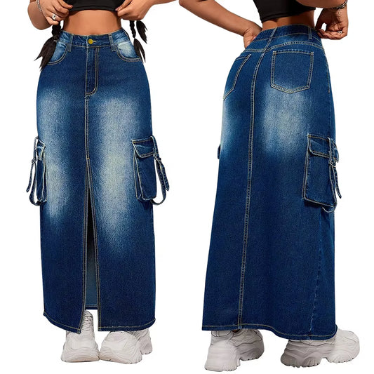 Latest Design plus Size Women Jeans Skirt Pop Pocket Slit Long Denim Skirt for Women