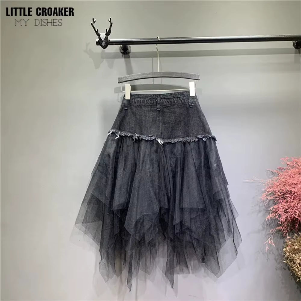 Asymmetrical Denim Jeans Tulle Skirts Womens High Waist Long Mesh Tutu Tassel Pleated Midi Gothic Skirt with Pockets Belt Black