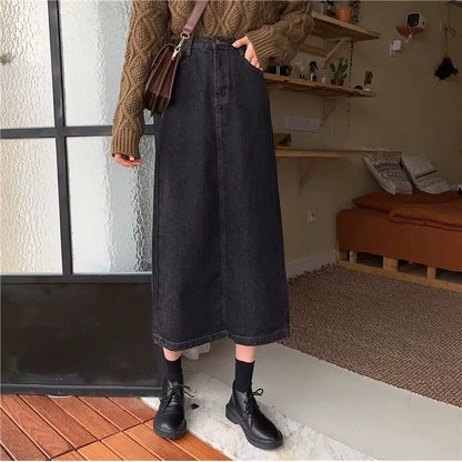 Skirts Women 5XL Retro Chic Korean Trendy Autumn All-Match Lady Empire Skirt Casual Basic A-Ling Solid Denim Femme Юбка Женская