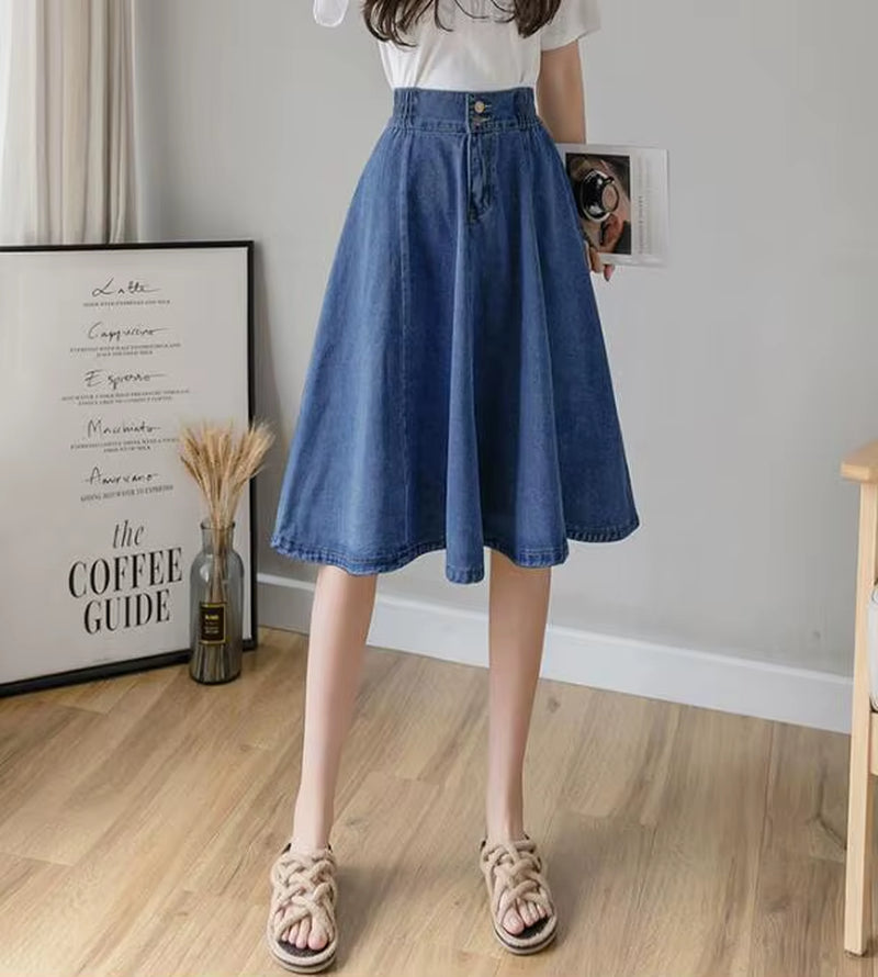 Vintage Elastic High Waist Ladies Denim Skirt New Spring Summer Streetwear Big Swing Saia Midi Button A-Line Women Jeans Skirts