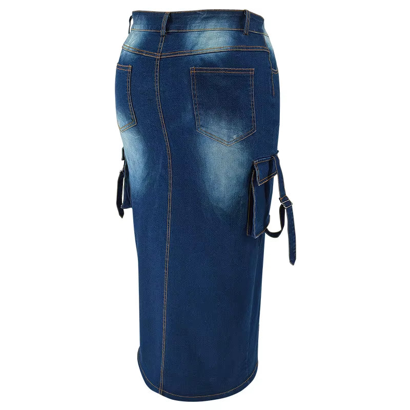 Latest Design plus Size Women Jeans Skirt Pop Pocket Slit Long Denim Skirt for Women