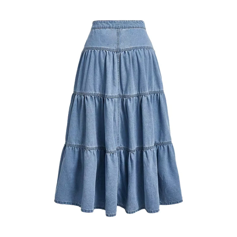 Custom High-Waisted Button-Up Ankle-Length Light Blue Washed Denim Maxi Skirt for Women