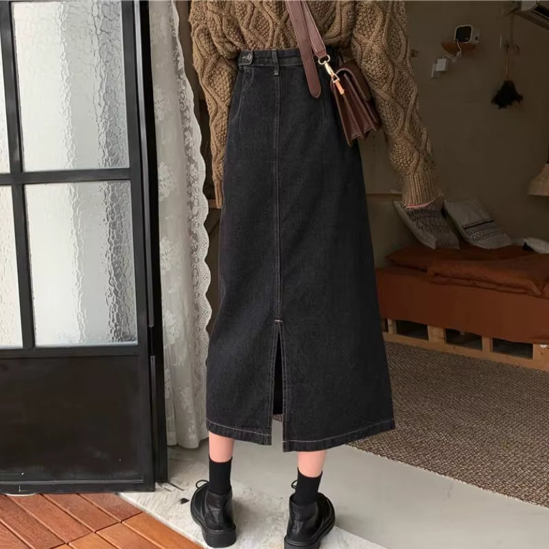 Skirts Women 5XL Retro Chic Korean Trendy Autumn All-Match Lady Empire Skirt Casual Basic A-Ling Solid Denim Femme Юбка Женская