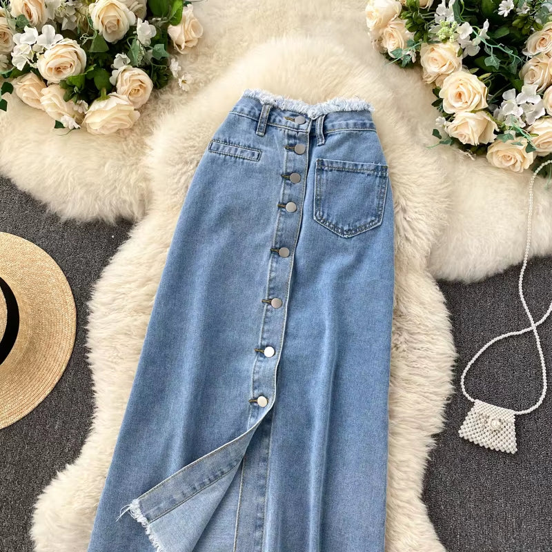 Long Denim Skirt for Women Korean Fashion Vintage Tassels High Waist Single Breasted A-Line Jeans Skirt with Pockets