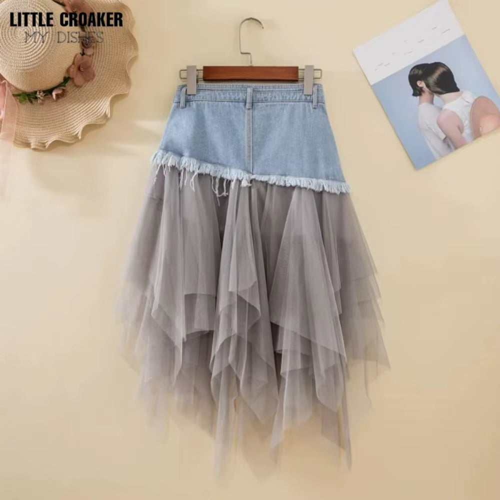 Asymmetrical Denim Jeans Tulle Skirts Womens High Waist Long Mesh Tutu Tassel Pleated Midi Gothic Skirt with Pockets Belt Black