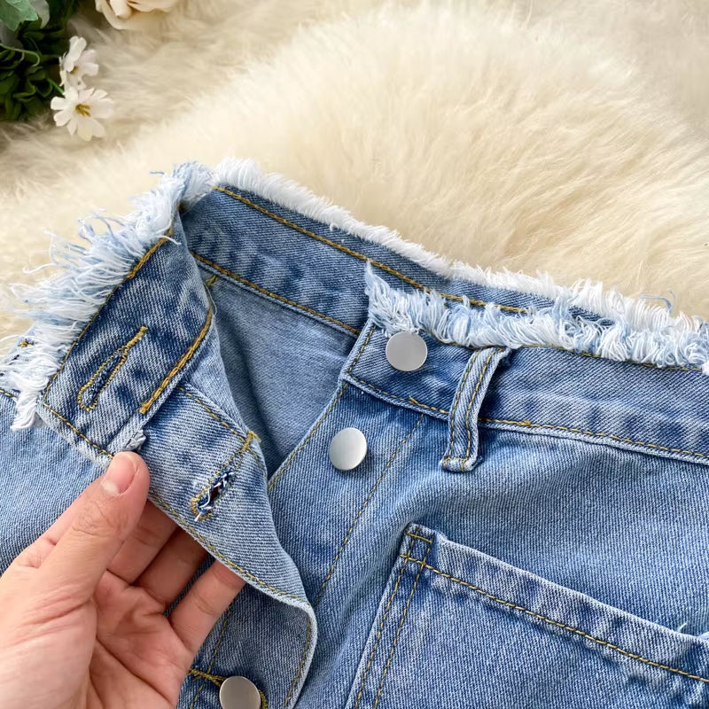 Long Denim Skirt for Women Korean Fashion Vintage Tassels High Waist Single Breasted A-Line Jeans Skirt with Pockets