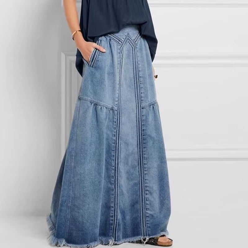 Oversize Fashion Street Skirt 2022 Summer a Line Denim Skirt Women Autumn Sun Skirt Casual Solid High Waist Women'S Long Skirt