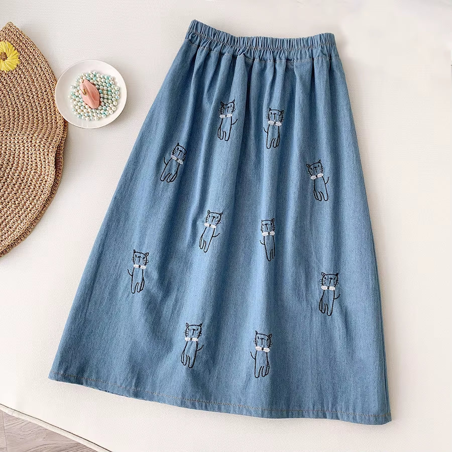 Japanese Style Cute Denim Skirt Women Kawaii Cat Embroidery Knee Length a Line High Waist Jeans Skirt Female Student