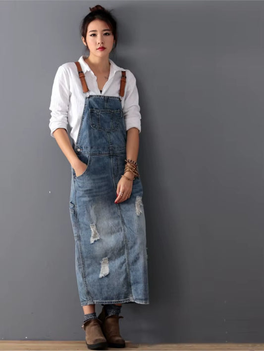 Women Loose Denim Dress Ladies Bleached Holes Denim Dress Female Spaghetti Strap Ripped Vintage Denim Dresses