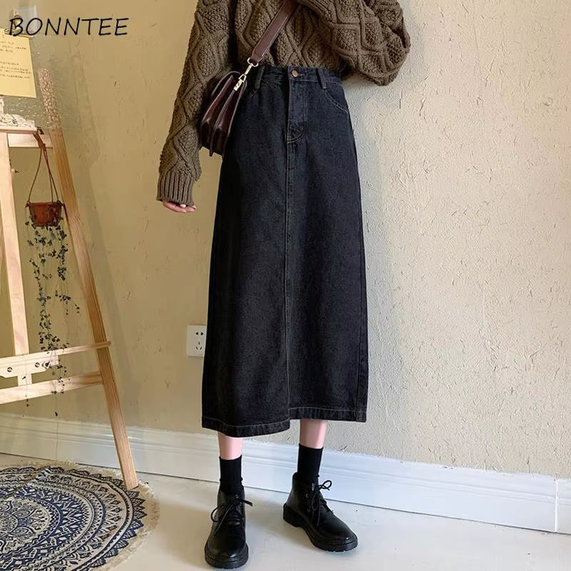 Skirts Women 5XL Retro Chic Korean Trendy Autumn All-Match Lady Empire Skirt Casual Basic A-Ling Solid Denim Femme Юбка Женская