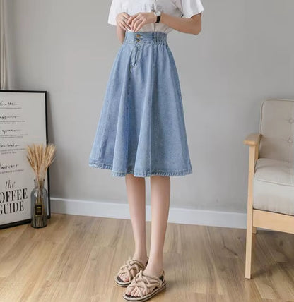 Vintage Elastic High Waist Ladies Denim Skirt New Spring Summer Streetwear Big Swing Saia Midi Button A-Line Women Jeans Skirts