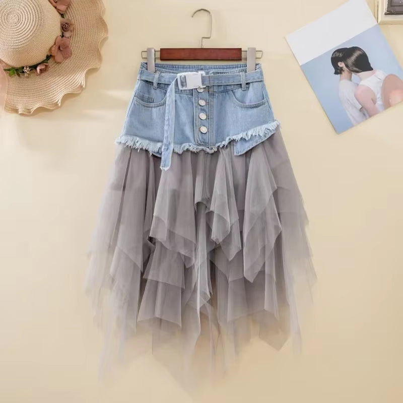 Asymmetrical Denim Jeans Tulle Skirts Womens High Waist Long Mesh Tutu Tassel Pleated Midi Gothic Skirt with Pockets Belt Black