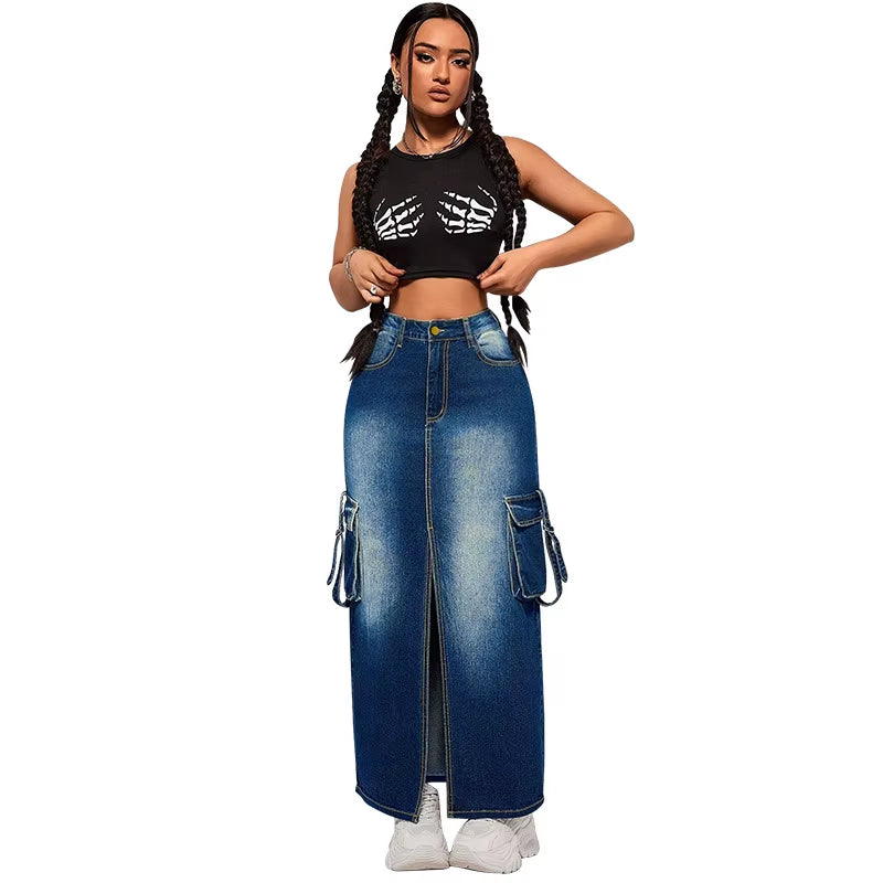 Latest Design plus Size Women Jeans Skirt Pop Pocket Slit Long Denim Skirt for Women